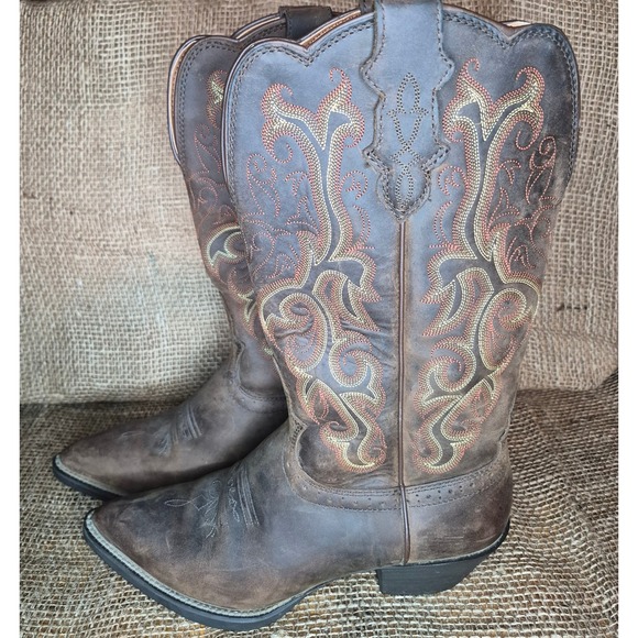 Justin Women's Brown Leather Western Cowgirl Boots with Embroidered Shaft 8B - Picture 2 of 4